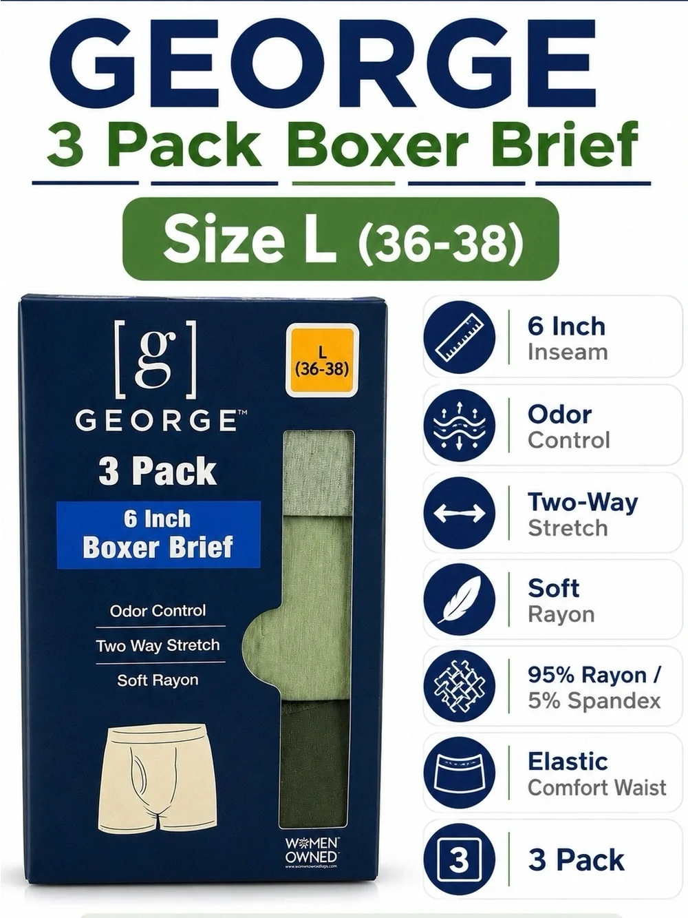 George Men's 3 Pack Rayon Boxer Briefs 6in Stretch Size L 36-38 Green Gray